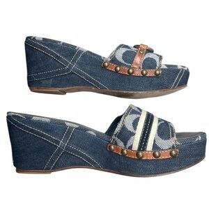 Coach Ellice Blue Denim Sandals w/Brown Leather Accents